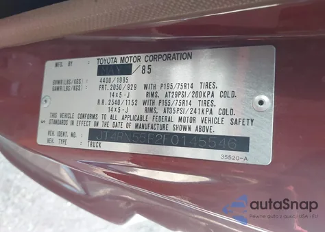 1985 Toyota Pickup 1/2 Ton Rn55 из США, поврежденный, VIN JT4RN55R2F0145546